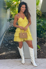 Lemon Gingham Tiered Short Dress