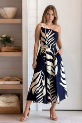 Navy Leaf Printed One Shoulder Dress