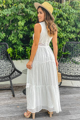 Off White Swiss Dot Maxi Dress with Crochet Detail
