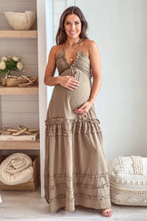 Olive Maternity V Neck Maxi Dress