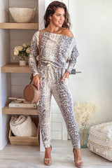Taupe Printed Off Shoulder Long Sleeve Jumpsuit