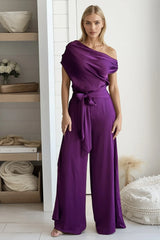 Purple Satin Draped Jumpsuit