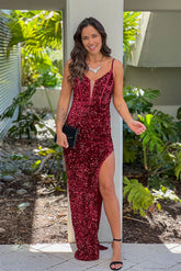 Burgundy Sequin Velvet Maxi Dress With Slit