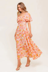 ISLAND FLOWERS PUFF SLEEVE MIDI DRESS CORAL FINAL SALE