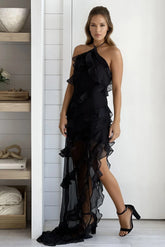 Black Ruffled Halter Neck Maxi Dress