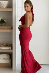 Red Glitter Cowl Neck Halter Maxi Dress