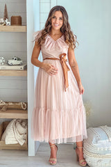 Nude Ruffled Maternity Dress with Satin Belt