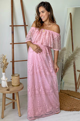 Mauve Lace Off Shoulder Maternity Maxi Dress