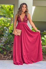 Red V Neck Sequin Top Maxi Dress