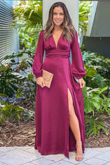 Dark Wine Puff Sleeve Maxi Dress With Slit