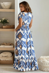 Blue Printed V Neck Maxi Dress
