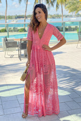 Coral Lace Maxi Romper with Sleeves and Slits