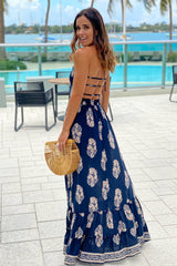Navy Printed Maxi Dress With Strappy Back