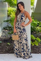 Navy Printed Maxi Dress With Tie Back