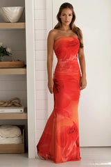 Orange Double Back Strap Ruched Maxi Dress