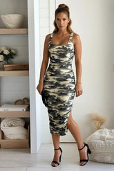 Taupe Printed Mesh Midi Dress