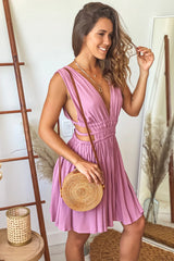 Berry V Neck Short Dress With Side Cutouts