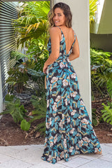 Blue Printed V Neck Maxi Dress With Slit