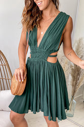 Hunter Green V Neck Short Dress With Side Cutouts