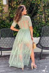 Sage Lace Maxi Romper with Sleeves and Slits