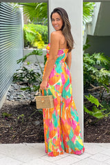 Orange Printed Strapless Jumpsuit