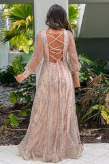 Rose Gold Long Sleeve Lace Up Sequined Maxi Dress