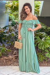 Green Striped Off Shoulder Maxi Dress