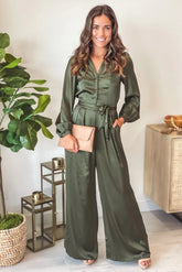 Dusty Olive Satin Jumpsuit With Long Sleeves