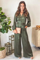 Dusty Olive Satin Jumpsuit With Long Sleeves