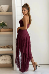Burgundy Ruffled Asymmetrical Maxi Dress