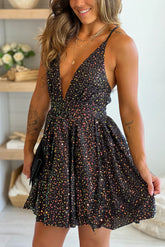 Black Sequin V Neck Short Dress With Criss Cross Back