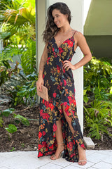 Black Floral Satin Ruffled Dress