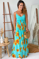 Aqua Floral Maxi Dress With Open Back