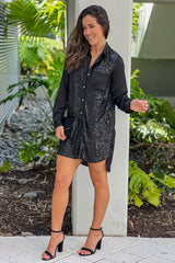 Black Button Down Sequin Shirt Dress