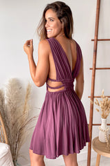 Wine V Neck Short Dress With Side Cutouts