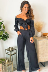 Black Satin Smocked Top and Pants Set