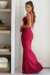 Red Glitter Ruched Maxi Dress