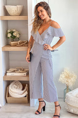 Black Striped Ruffled Wrap Jumpsuit