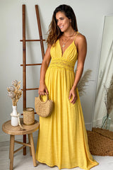 Mustard Maxi Dress With Crochet Trim And Lining