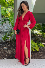 Burgundy Pleated V Neck Maxi Dress