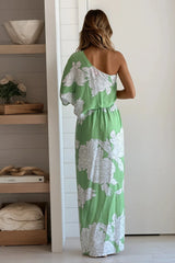 Green And Cream Printed One Shoulder Dress