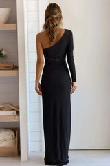 Black One Shoulder Maxi Dress With Lace Detail