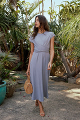 Vaeda Ribbed Tie Dress in Slate Blue FINAL SALE