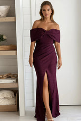 Maroon Glitter Bow Front Off Shoulder Maxi Dress