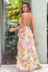 Peach Floral Ruffled Maxi Dress With Slit