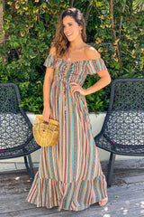 Multicolor Smocked Off Shoulder Maxi Dress