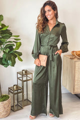 Dusty Olive Satin Jumpsuit With Long Sleeves