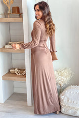 Mocha Maxi Dress with Long Sleeves and Slit