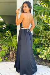Black Satin Maxi Dress With Gold Tie Detail