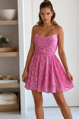 Pink Floral Lace Ruffle Flare Mini Dress
